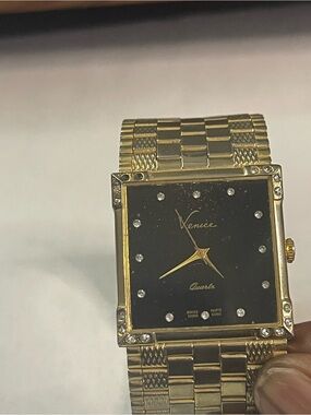Venice Quartz Watch Gold Tone Square Black Face Rhinestones, needs a battery 7”